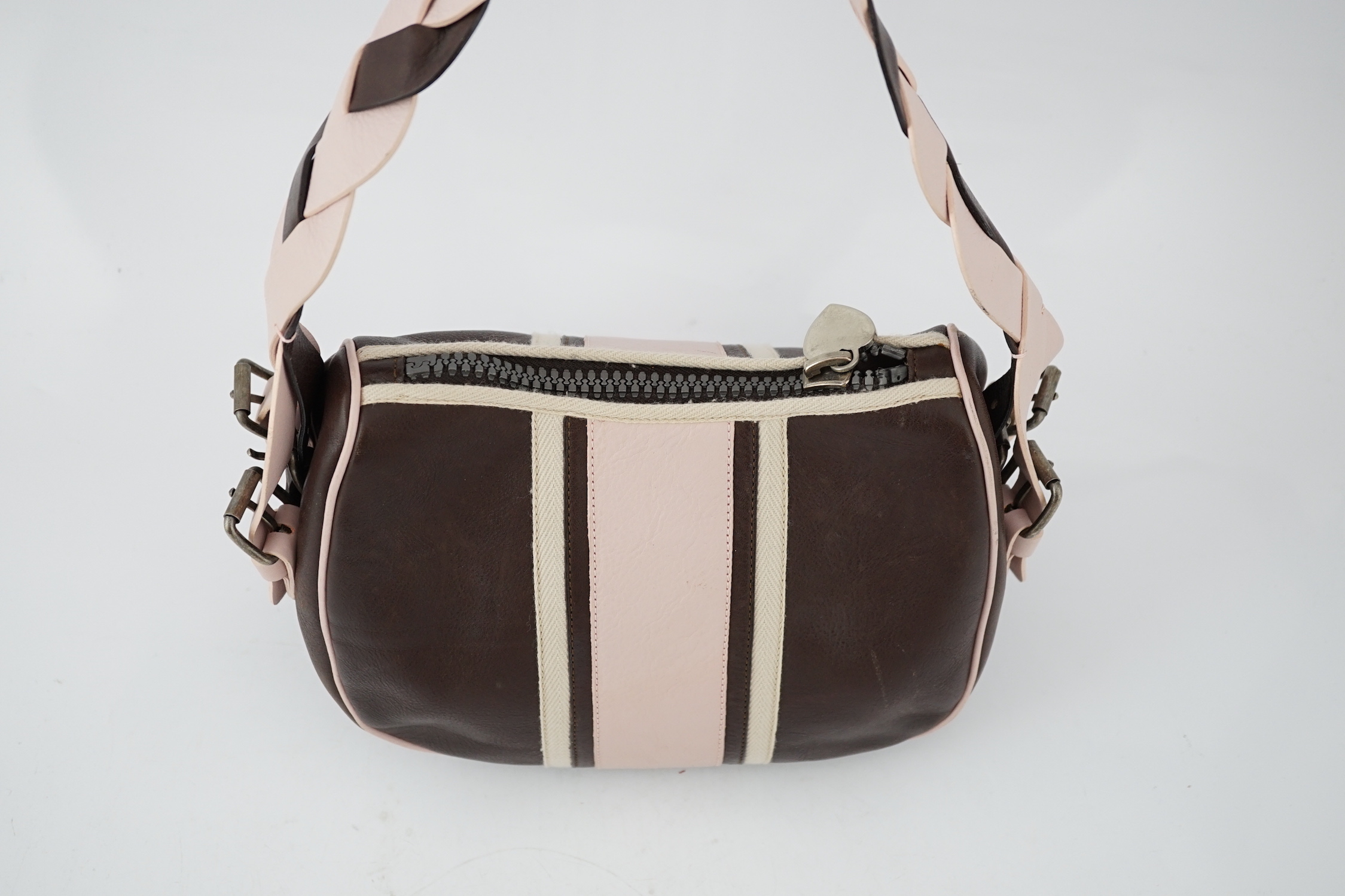 A Moschino Cheap and Chic brown and powder pink shoulder bag, height 18cm, height to handle 30cm, width 28cm, depth 15cm